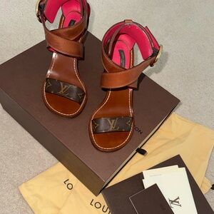 Louis Vuitton Brown Leather Monogram Ankle Strap Sandals with Pink Lining